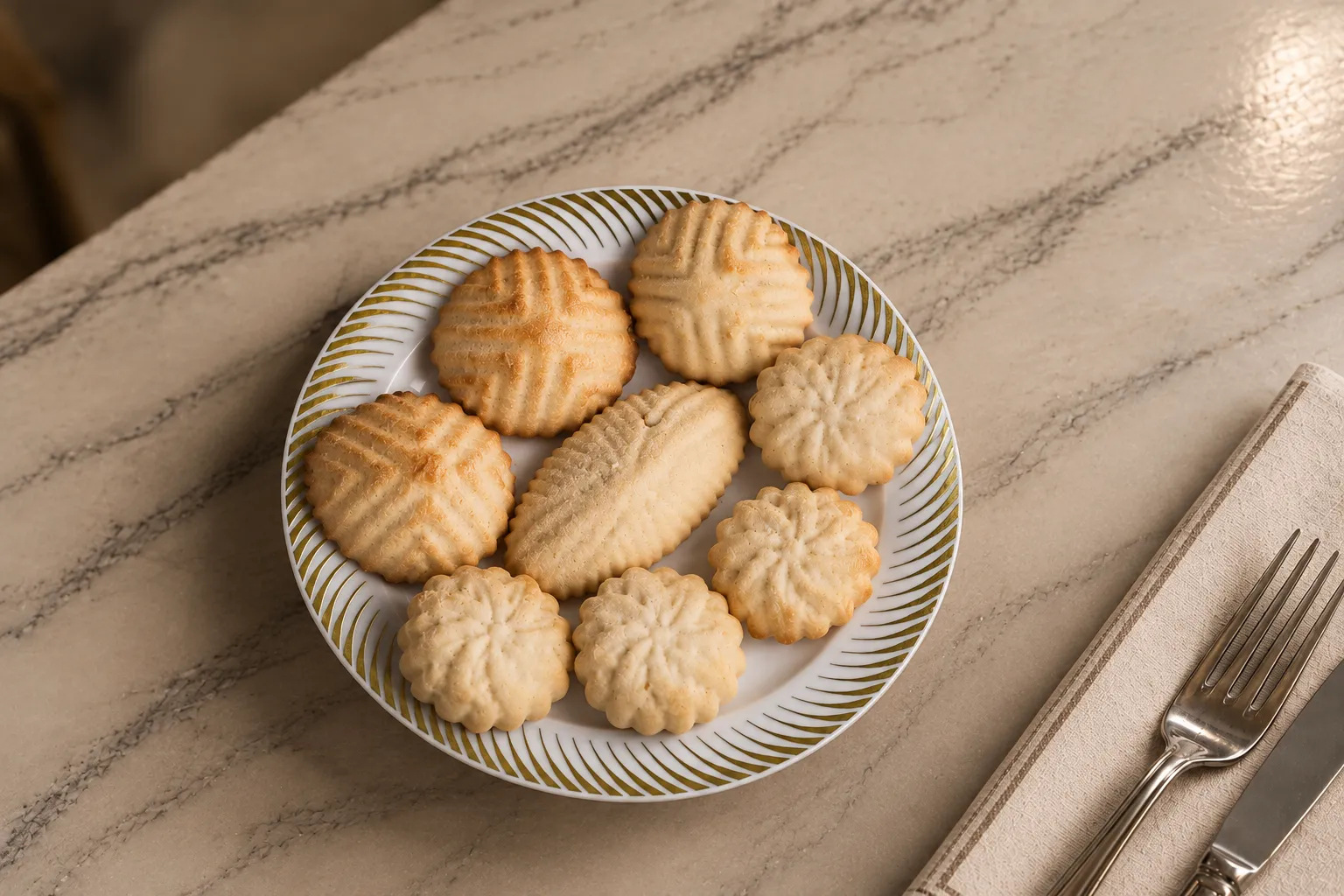 Traditional maamoul cookies filled with dates and nuts on a gold-striped plate