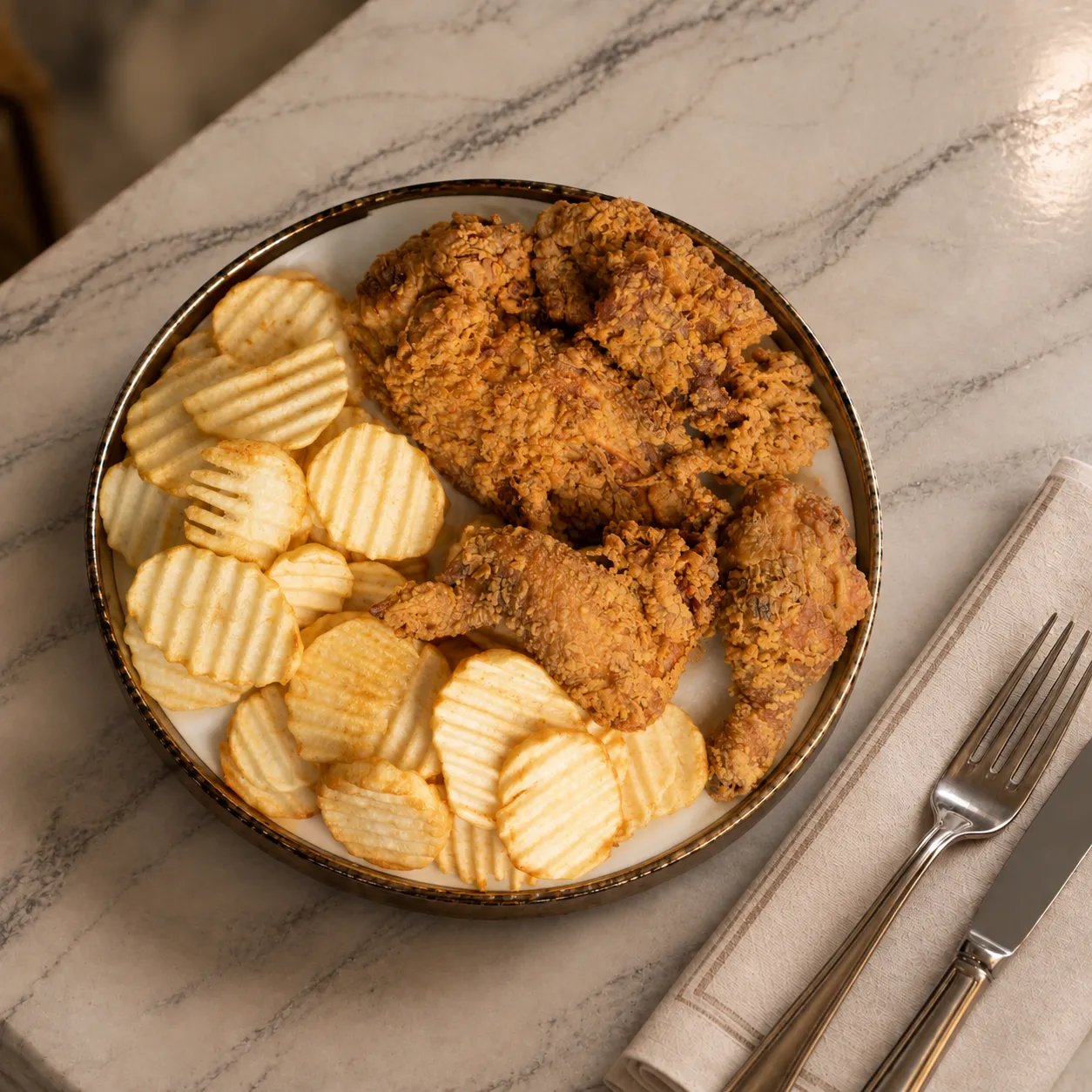 Syrian-style crispy fried chicken with crinkle-cut chips
