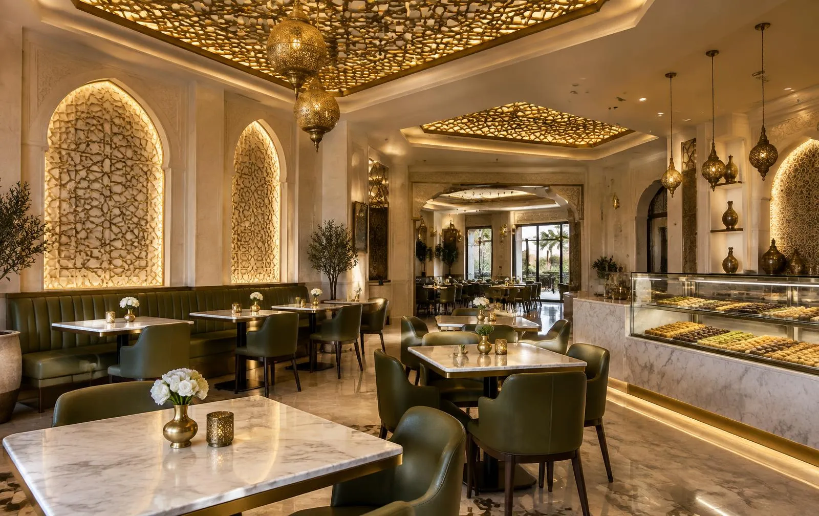 Arabesque dining room with backlit arabesque ceiling panels, olive leather chairs and a sweets display case